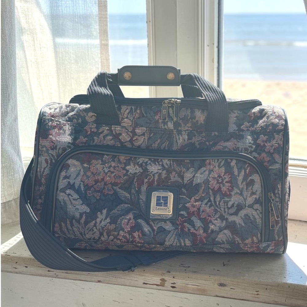 Vintage Duffel Bag Leisure Green Pink Woven Tapestry Floral Travel Weekender